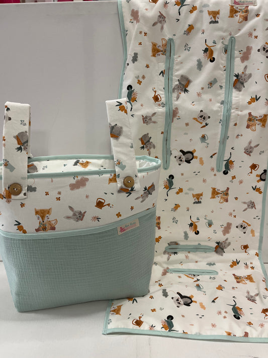 Bolso y Colchoneta Carro o Silla de Paseo Zanahorias Menta